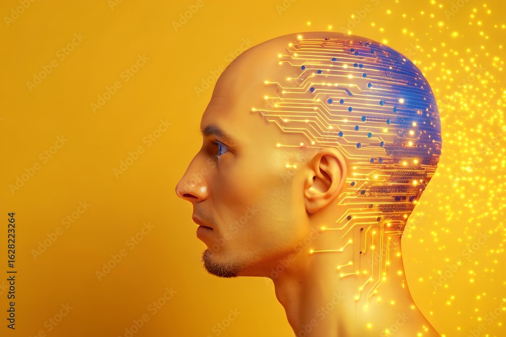 Poster man s head dissolving into digital circuits and golden particles