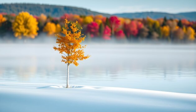 A single, vibrant yellow tree stands in the foreground, with a misty lake and colorful autumn foliage in the background. - Powered by Adobe
