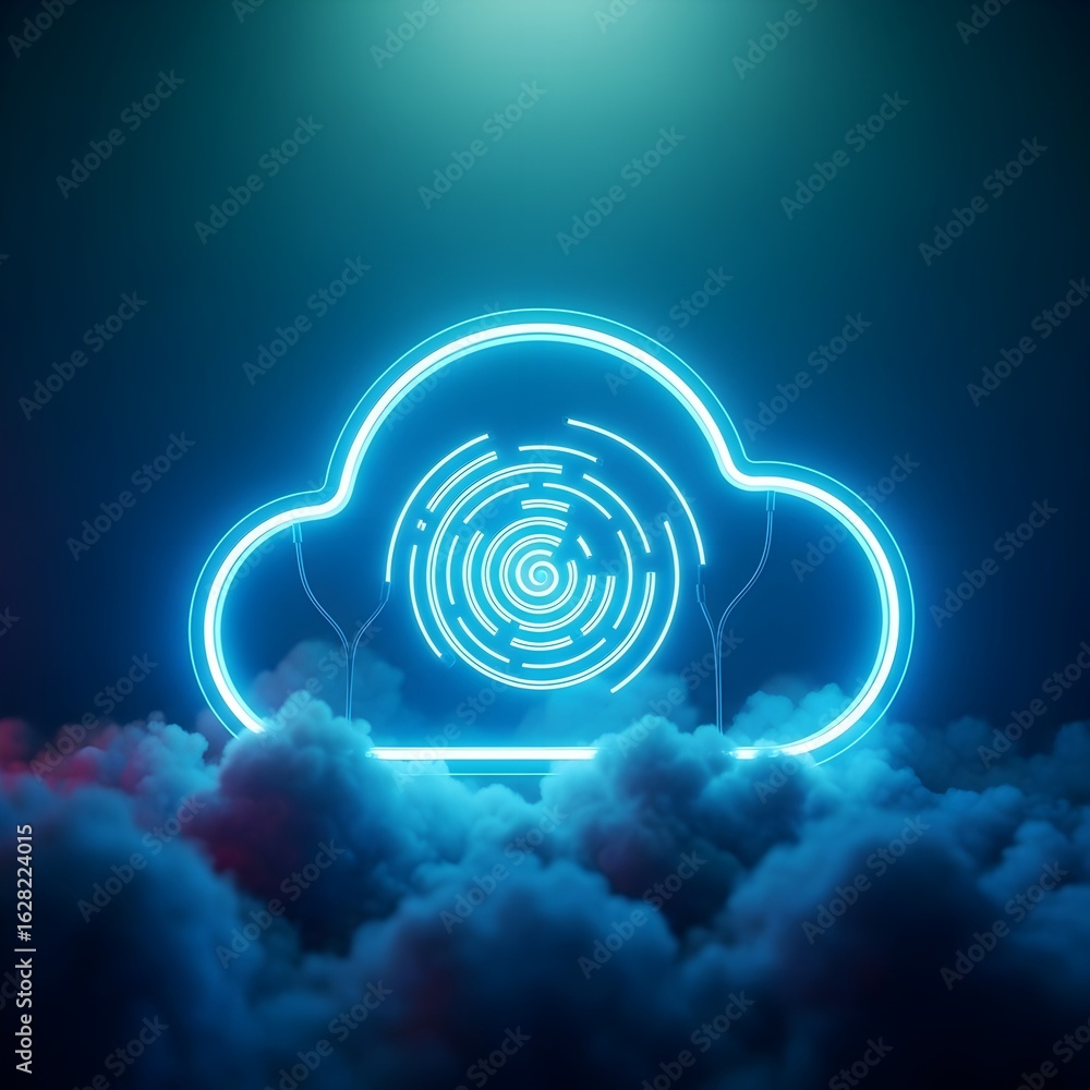 Poster glowing neon cloud symbol with digital fingerprint inside rests on ethereal fog