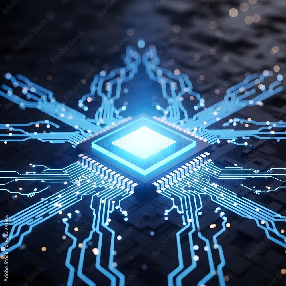 Poster abstract glowing blue circuit board with a central illuminated processor and radiating connections