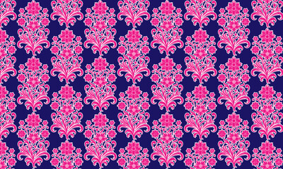 Elegant Pink Floral Damask Pattern on Dark Blue Background