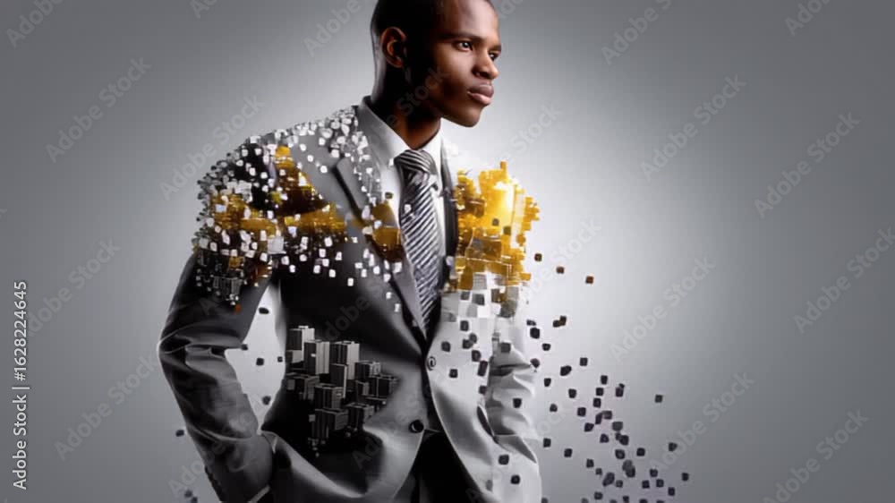 Poster a man in a suit with a digital, fragmented effect, blending technology and style in a creative compo