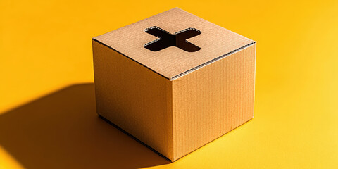 Obraz premium Cardboard Box with Cross Cutout on Yellow Background Conceptual Still Life with Simple Packaging