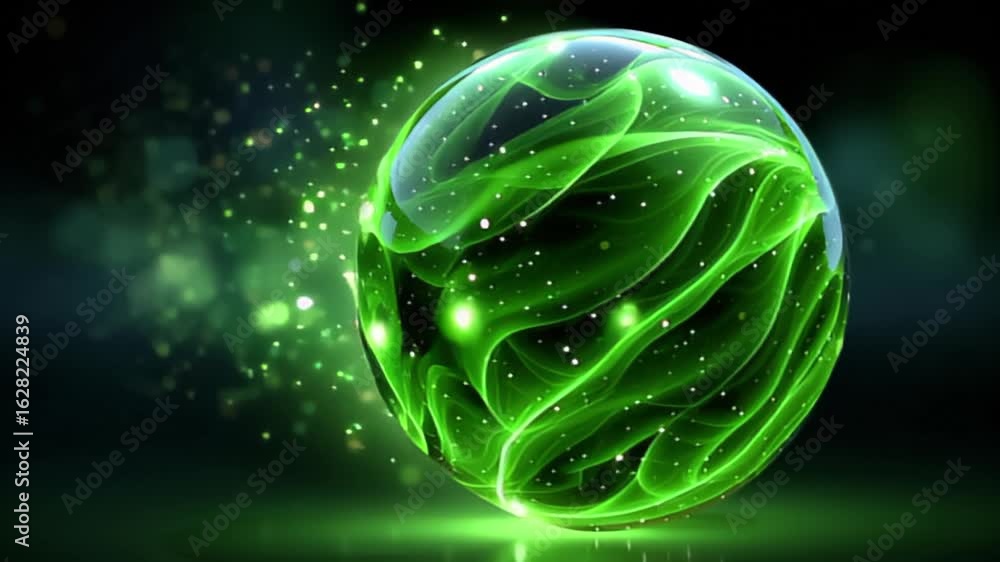 Poster a glowing green orb with swirling patterns and sparkling particles, set against a dark background.
