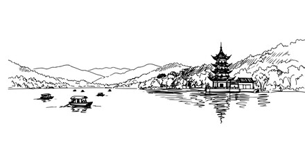 Scenic view of west lake hangzhou with pagoda and boats