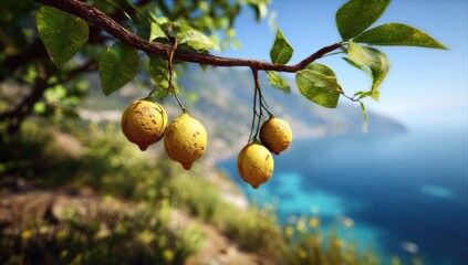 Lemon fruits hang from branch, coastal view