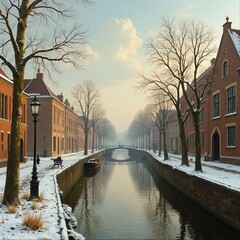 19th century painting depicting a river in a Flemish city AI generated