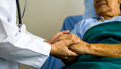 Close-up of a doctor gently holding the hand of an elderly patient in a hospital bed, symbolizing care, support, and compassion in healthcare.