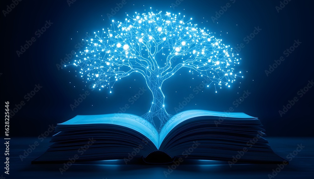 Poster glowing tree of knowledge emerges from an open book, symbolizing wisdom and enlightenment.