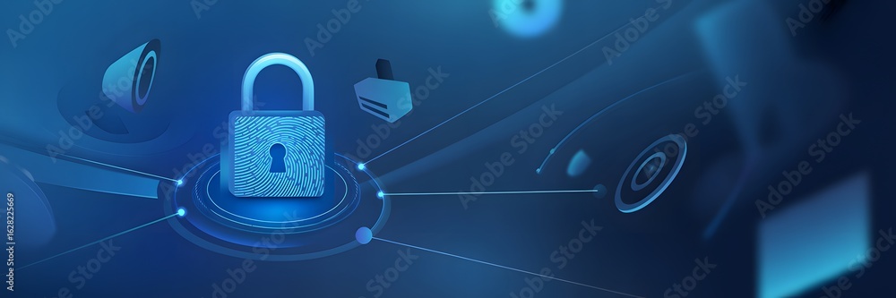 Poster digital security: a padlock glows with digital radiance, symbolizing robust online security amid a n