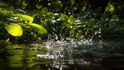 Water splashing in shallow stream, sunlight on vibrant leaves