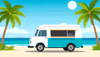 Fototapeta premium A sunny day on a tropical beach with a vintage food truck parked under palm trees. The scene captures the essence of a perfect summer vacation.