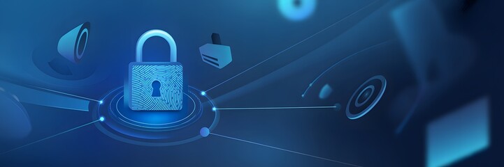Digital Security: A padlock glows with digital radiance, symbolizing robust online security amid a network of interconnected elements.