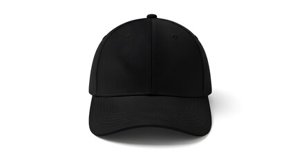 Plain black baseball cap mockup, front view. Classic unisex hat template isolated on a white background for branding and design.