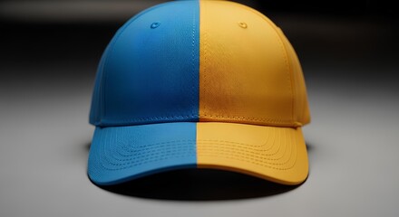 A striking two-tone baseball cap in bold blue and yellow, symbolizing national pride and support.