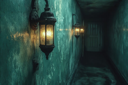 A lantern illuminating a dark alleyway.
