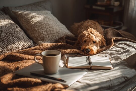 a cozy home office setup with a laptop, coffee cup, notebook and soft morning sunlight, modern minimalist style, remote work lifestyle, aesthetic background, and dog
