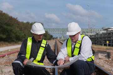 construction worker on a construction site. engineer sitting on railway inspection. construction worker on railways. Engineer work on railway.	