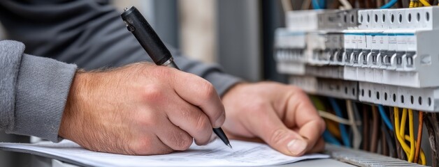 Technician inspecting electrical panel and documenting findings in a utility room during afternoon hours