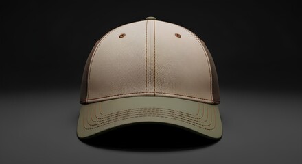 A stylish two-tone baseball cap mockup in beige and olive green, isolated on a dark background for branding.