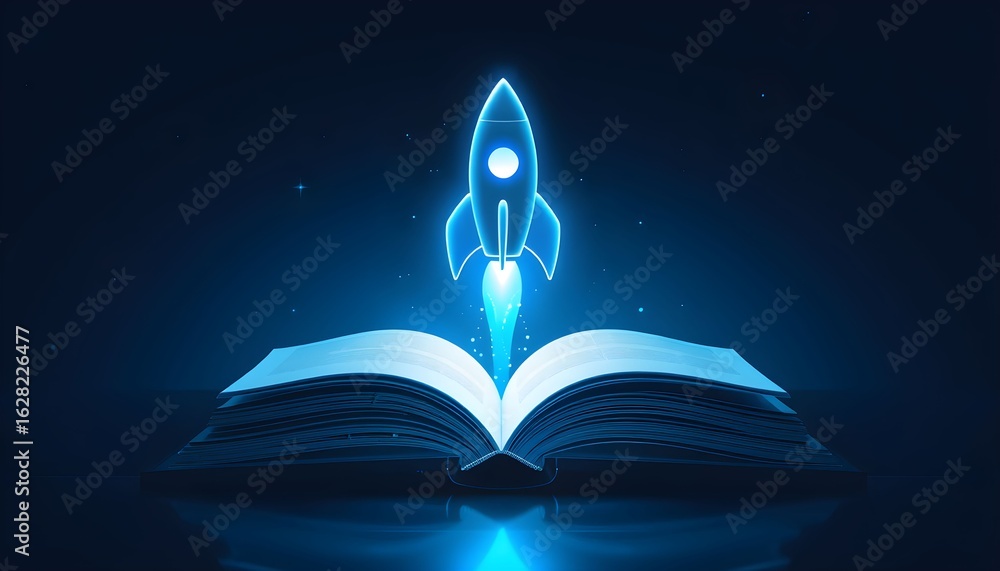 Poster glowing rocket launching from an open book, symbolizing knowledge and innovation taking flight.