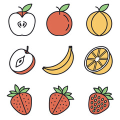 Fresh colorful fruit icons showcasing an apple, banana, orange, and strawberries arranged on a white background
