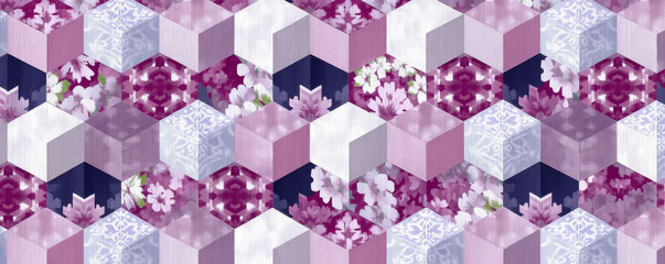 Geometric floral pattern with pink, purple, and white hues on glossy textured surface