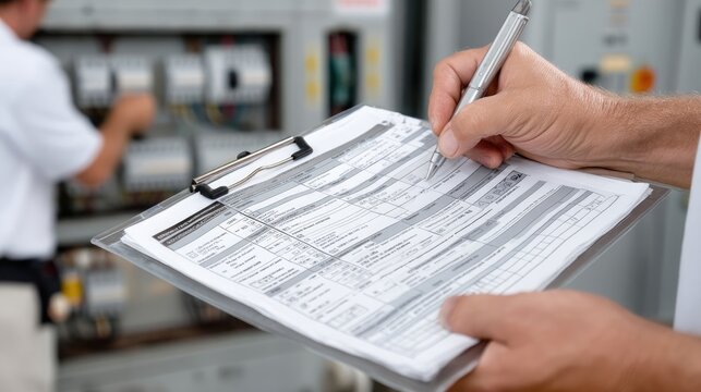 Technician inspecting electrical panel while recording measurements in maintenance journal at modern facility - Powered by Adobe