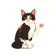 Obraz premium A charming calico cat with a serious expression sits and raises its paw, isolated on a white background illustration.