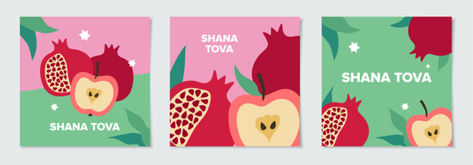 Jewish New Year card design set. Rosh Hashanah symbol pomegranate and apple. Happy New Year. Vector illustration