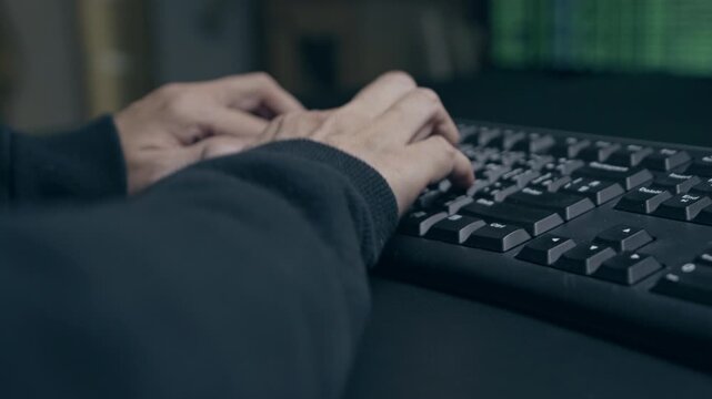 Hacker's Hands on Keyboard with Green Code on Screen, Engaging in Cybercrime or Data Breach &ndash; Cybersecurity Threat, Digital Attack, Information Security, Dark Web, Programming, Coding.