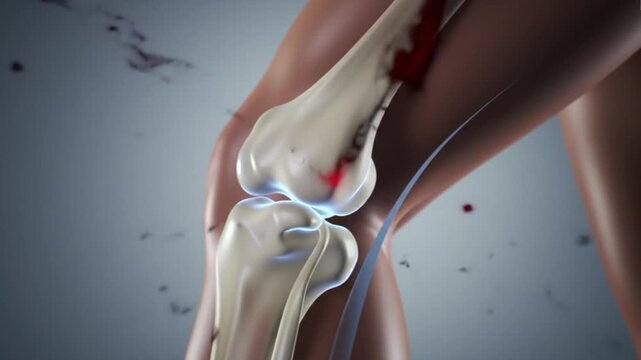 Dramatic slow-motion animation of an acute ACL tear in an athlete's knee. Sport, injury, medical concept.