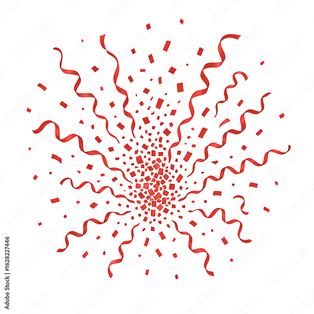 Poster explosion of red confetti and ribbons creating a dynamic festive burst against a dark backdrop