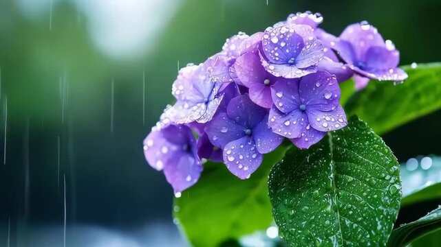 Vibrant purple hydrangea flower cluster with water droplets petals and leaf during gentle rain creating fresh calming mood