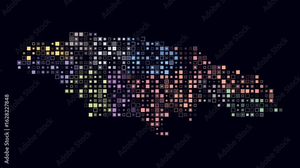 Poster jamaica map animation. shape of the country with pulsating colored dots. small size square blocks. d