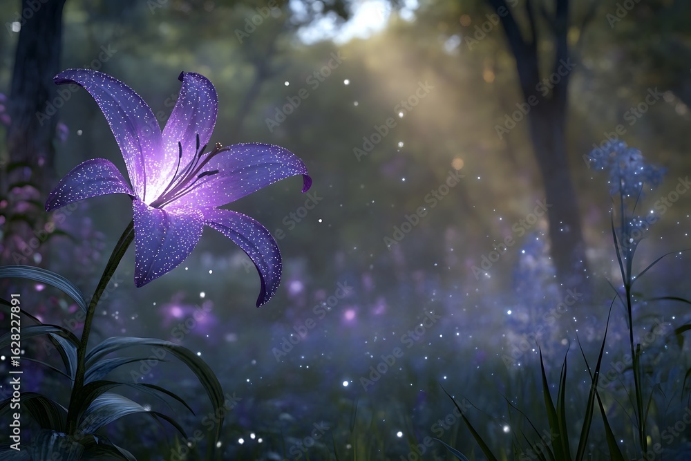 Poster single purple lily glowing softly in a mystical forest setting with gentle mist and sparkles