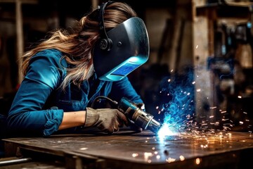 Female welder in welding helmet working on metal with sparks flying  Woman piece