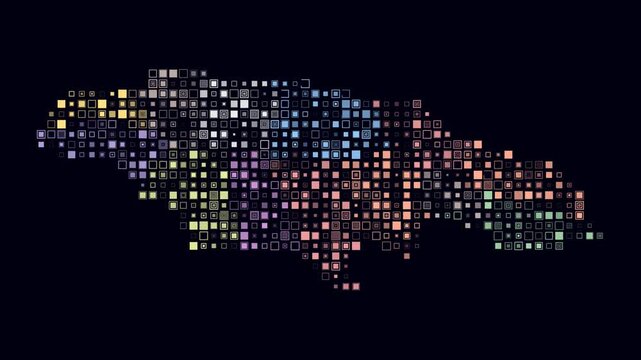 Jamaica map animation. Shape of the country with pulsating colored dots. Small size square blocks. Digital style Jamaica map on dark background. Classy video.