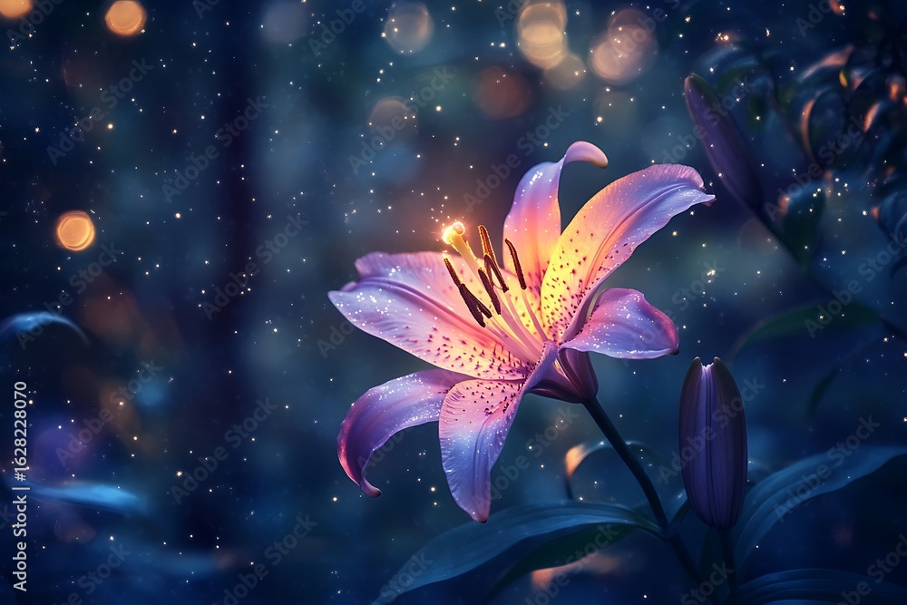 Poster single purple lily glowing softly in a mystical forest setting with gentle mist and sparkles