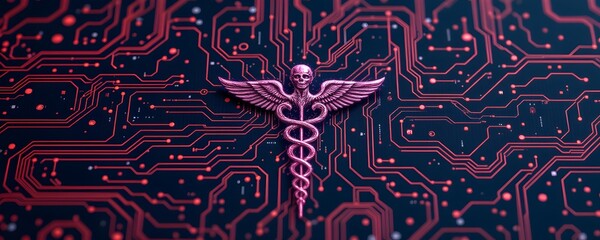 Digital Healthcare: A striking visual of a Caduceus symbol, signifying healthcare, intertwined with a high-tech circuit board, hinting at the technological advancements within the industry.