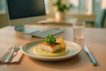 Gourmet fish dish with sauce and potatoes on a plate in an office setting.