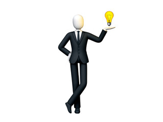 Png a 3d render of a businessman in a suit holding a lightbulb, isolated on transparent background, representing an idea, innovation, and creative solution transparent background