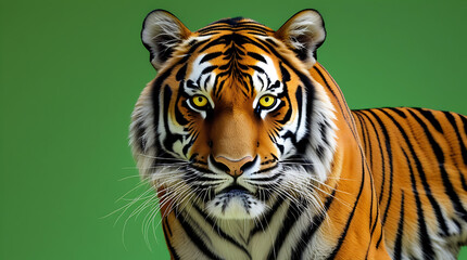 Obraz premium frontal view of a tiger on a green background, emphasizing its strength and regal presence. 4K HD image. 