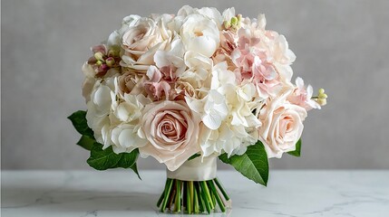Obraz premium Elegant bouquet of white hydrangeas and blush roses tied with a ribbon against a soft gray marble background for a classic floral arrangement