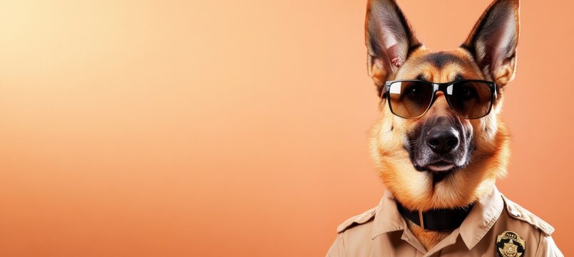 German Shepherd Security Officer in Sunglasses and Uniform Shirt, Guard Dog Concept Mean looking working as