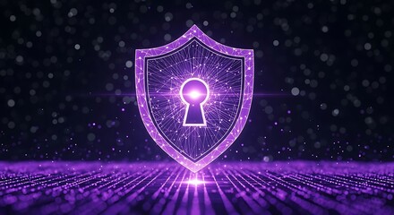 Cybersecurity Shield: Abstract Purple Network Protection Concept; Digital Data Security; Futuristic Keyhole Graphic