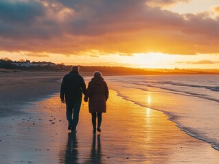 Photo of a couple in their 50s walking along a beach at sunset, holding hands and enjoying each other company