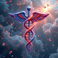 Caduceus Emblem in Dreamy Skies: A mesmerizing medical symbol of caduceus, gracefully rendered against an ethereal sky, interwoven with clouds and radiant light, invoking a sense of hope and healing.