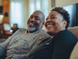Photo of a diverse couple sitting in their living room, laughing while watching TV together with their adult children nearby
