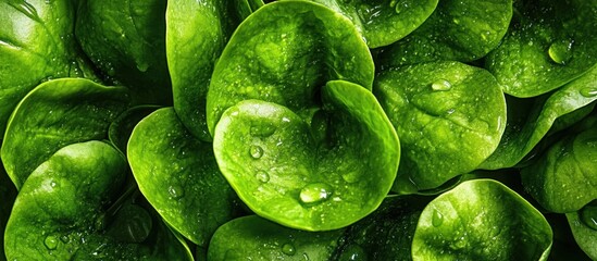 Fototapeta premium Macro shot of fresh green lettuce leaves with water droplets, close-up detail drops over